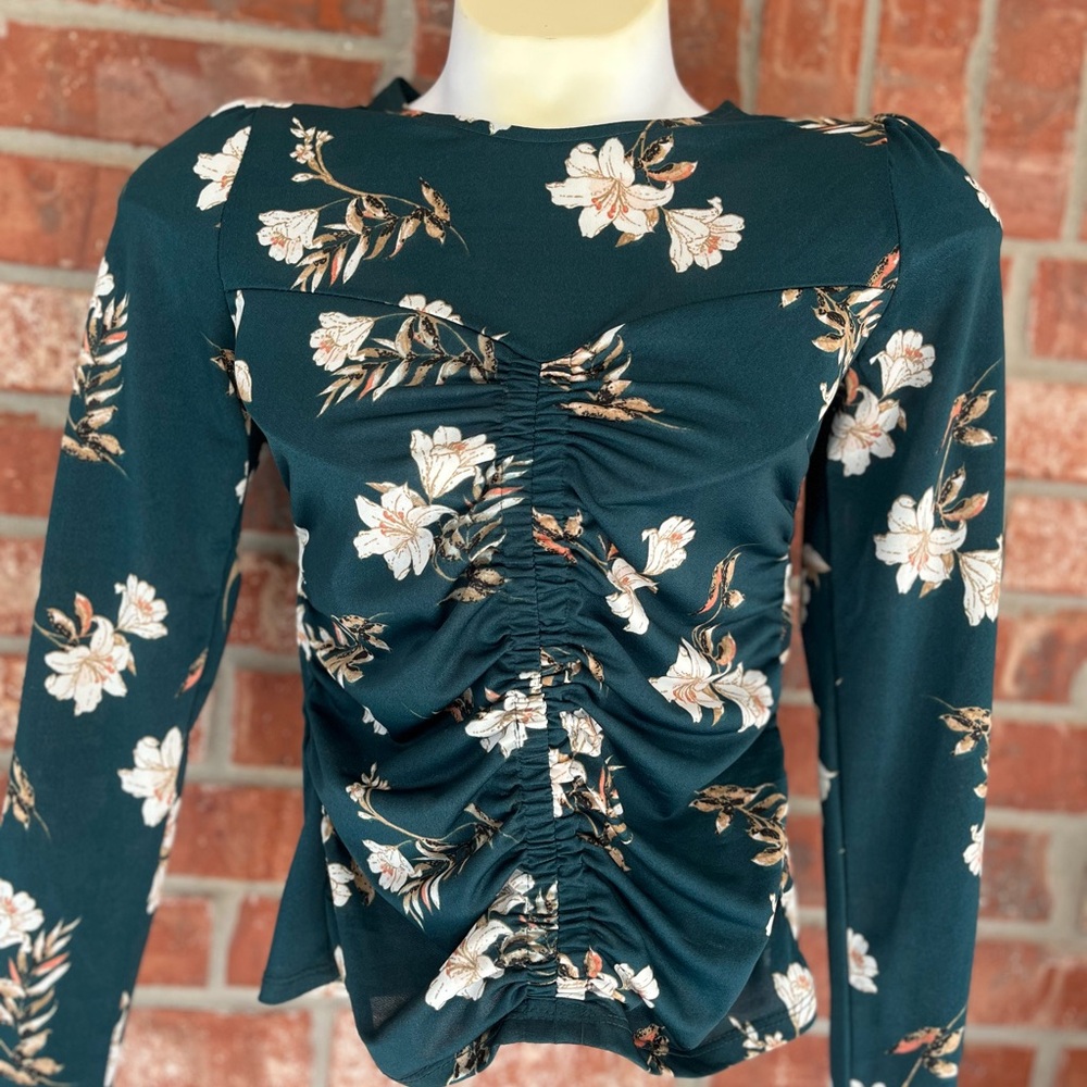 Elegant Floral Ruched Blouse - Teal EUC